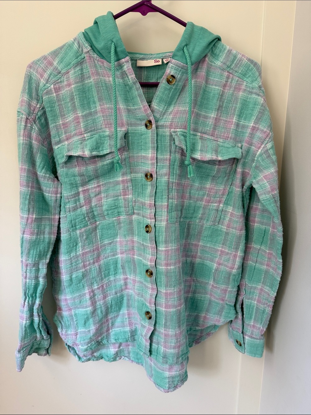 SO Mint and Light Pink Plaid Hooded Button-Up Shirt